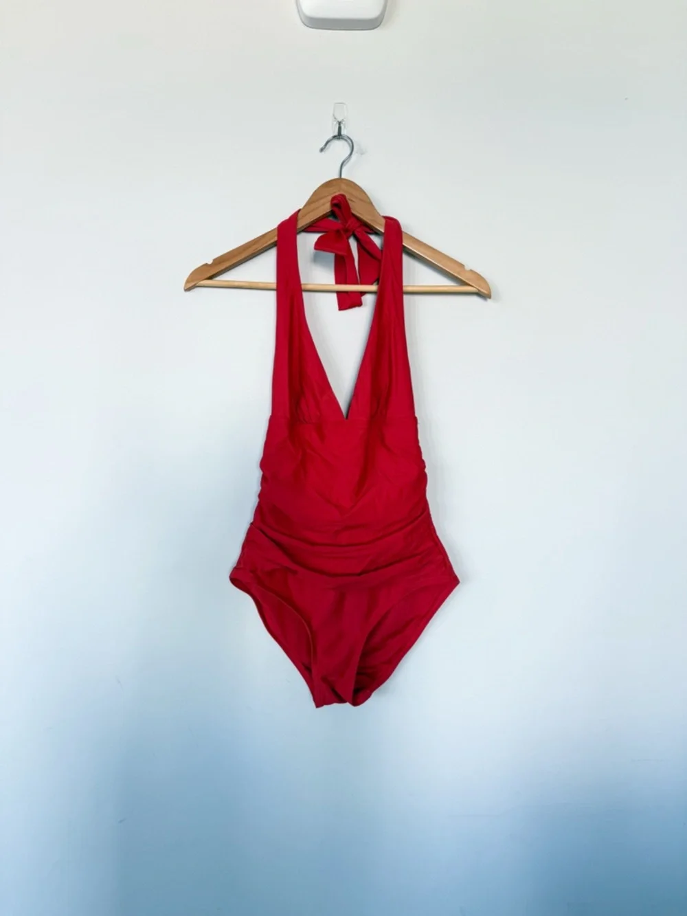 DKNY Women's Triangle Halter One Piece Red Swimsuit Rouched Front - Picture 2 of 13